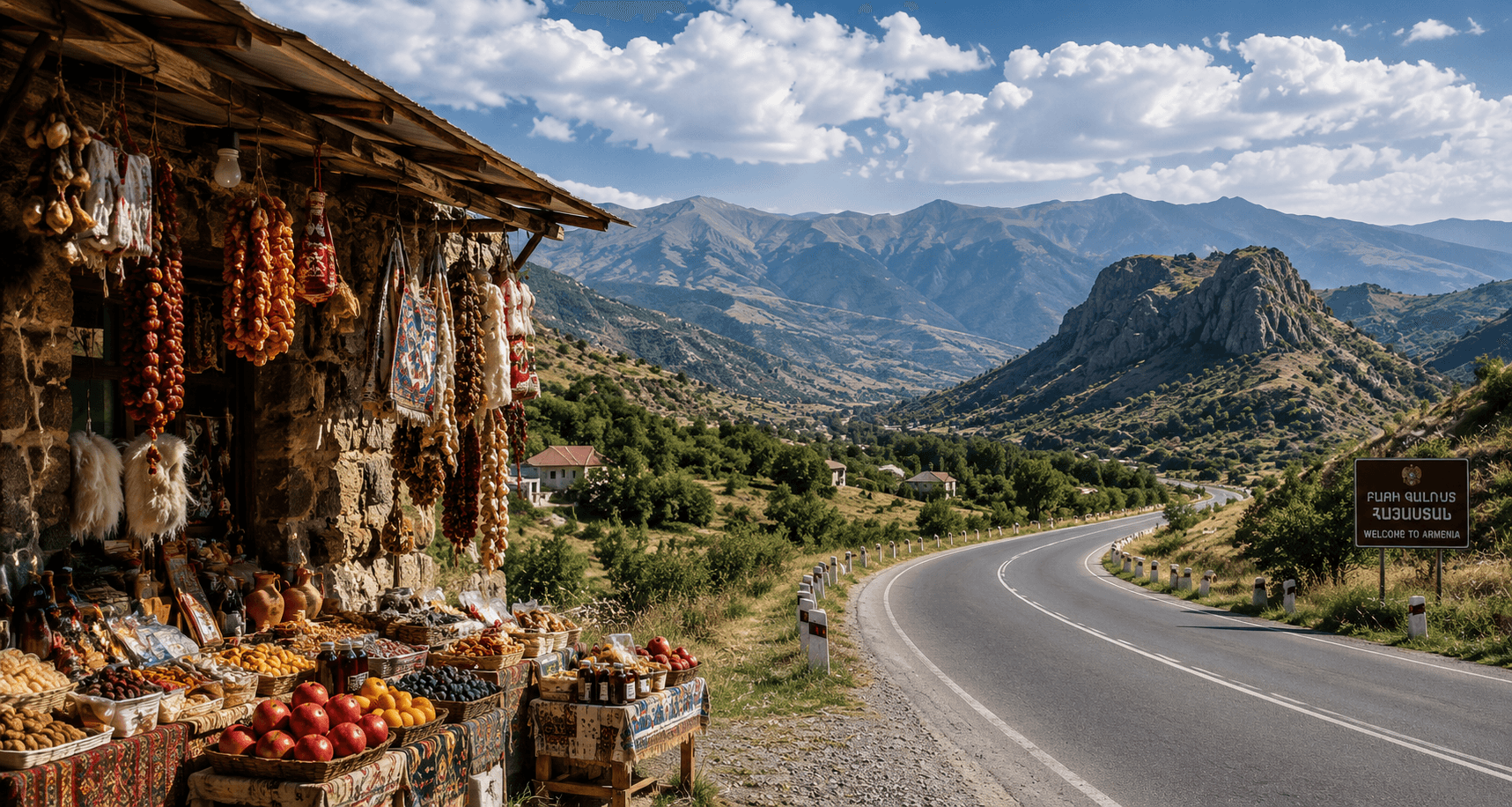 Local market and countryside road in Armenia