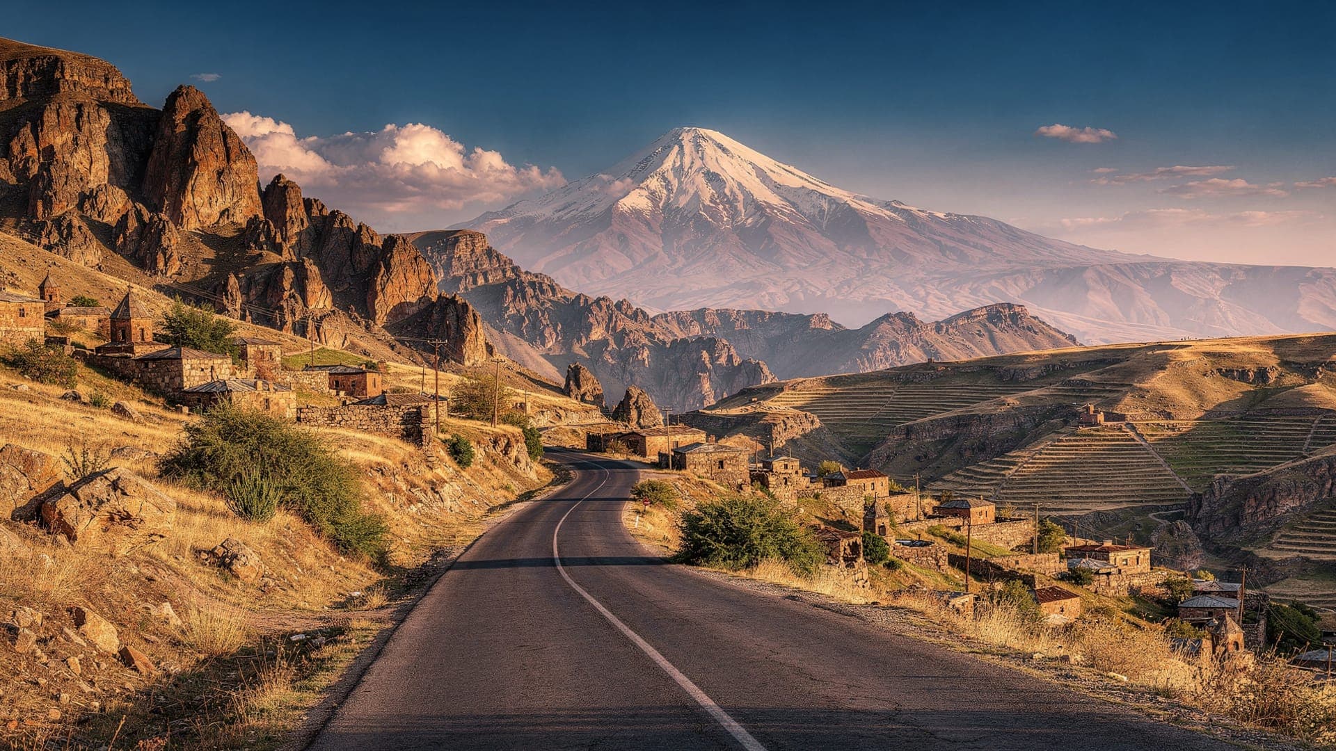 Armenian mountain road at sunset